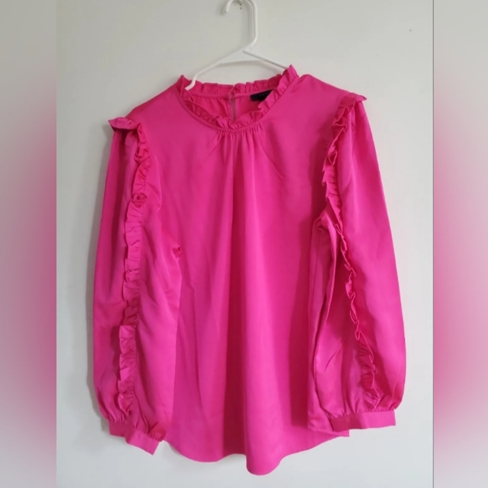 J. Crew Hot Pink Satin Crepe Ruffle Long Sleeve Blouse  Top Size Large